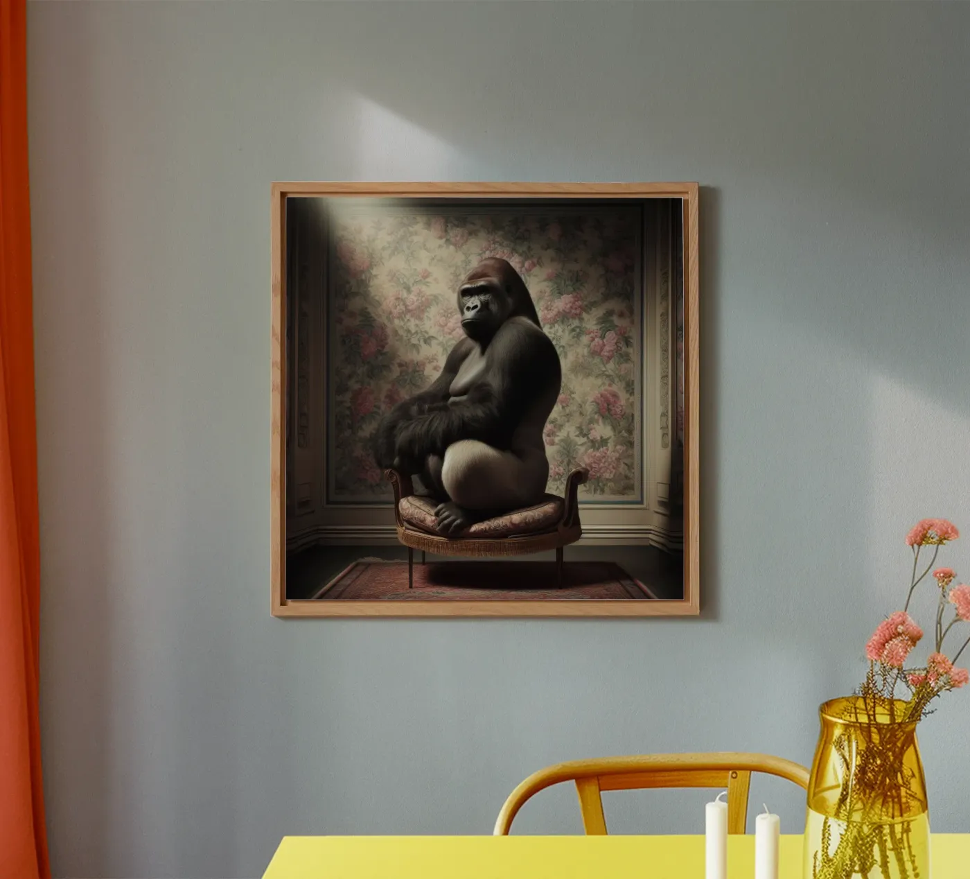 Floral Parlour Gorilla – Whimsical Vintage Animal Portrait pannello forex da Animal Portraits