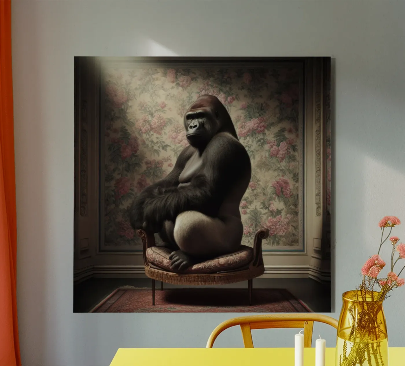 Floral Parlour Gorilla – Whimsical Vintage Animal Portrait pannello forex da Animal Portraits