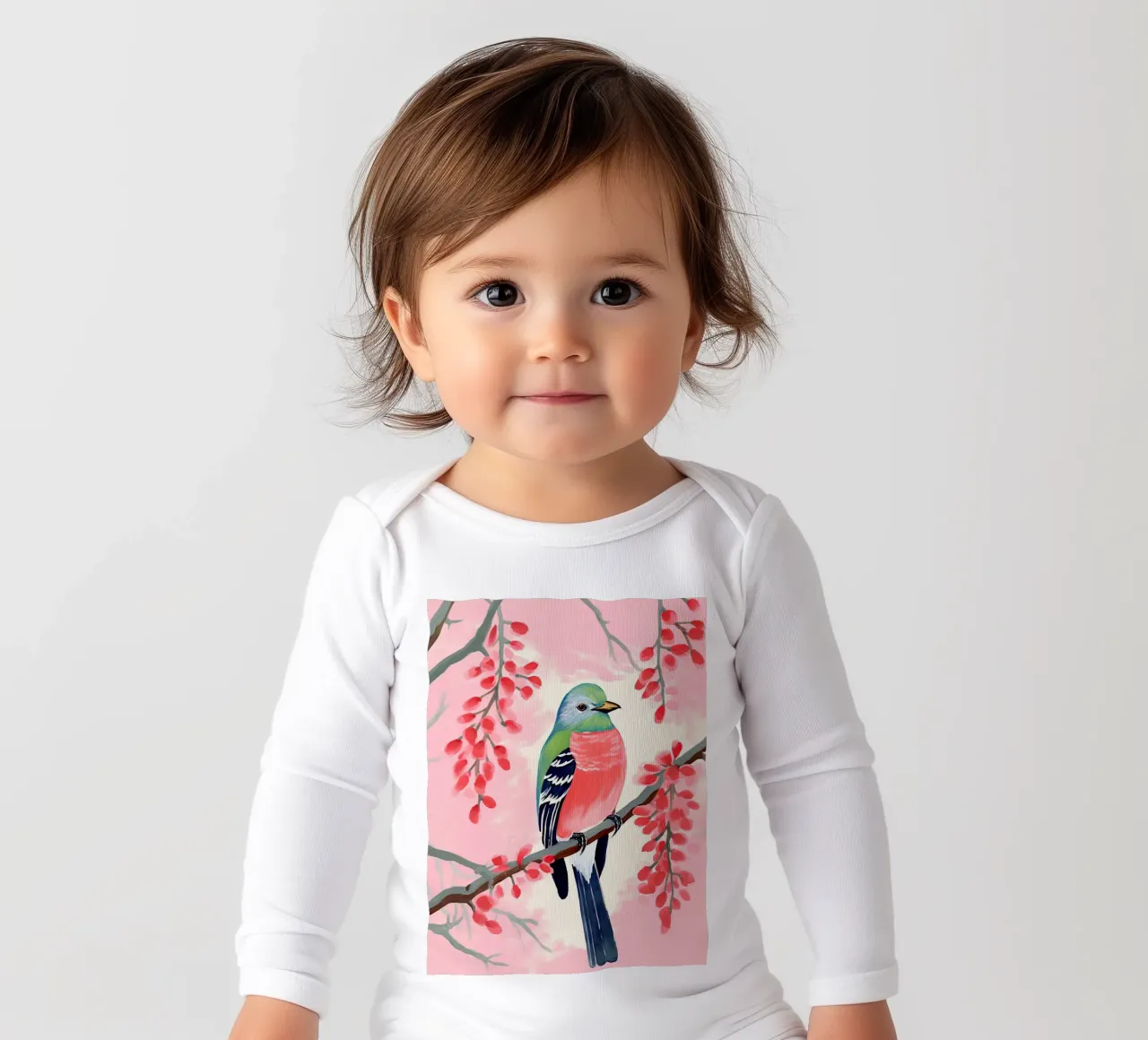 Pinky Bird long-sleeve baby romper by DaarbyN