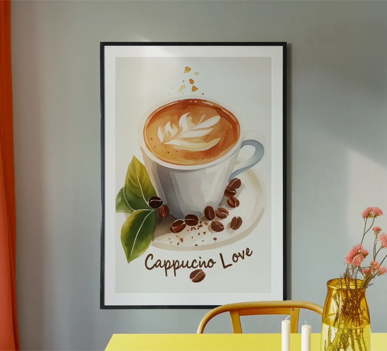 Aquarell Cappuccino Liebe poster con telaio in plastica da Carinaprint