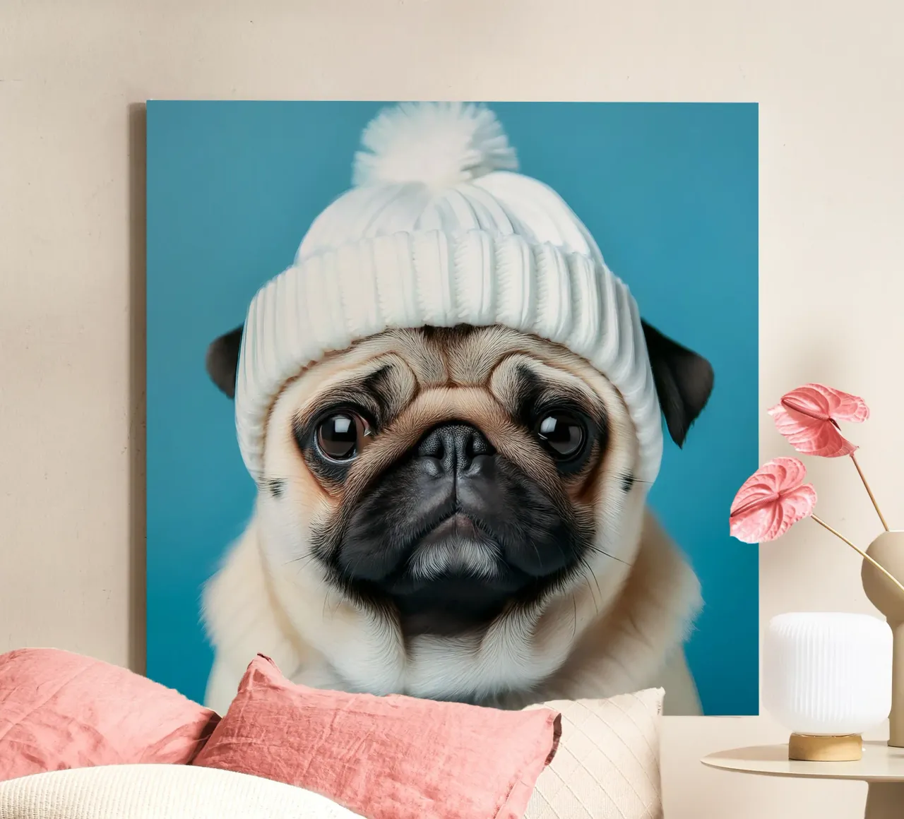Adorable Carlin portant un bonnet blanc | Photo chien mignon toile avec Caisse américaine de FlexiDesignsByK