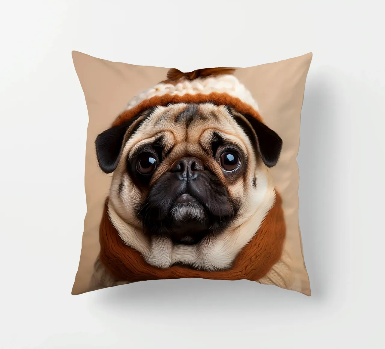 Accogliente carlino con sciarpa e berretto invernale | Adorabile ritratto di cane cuscino da FlexiDesignsByK