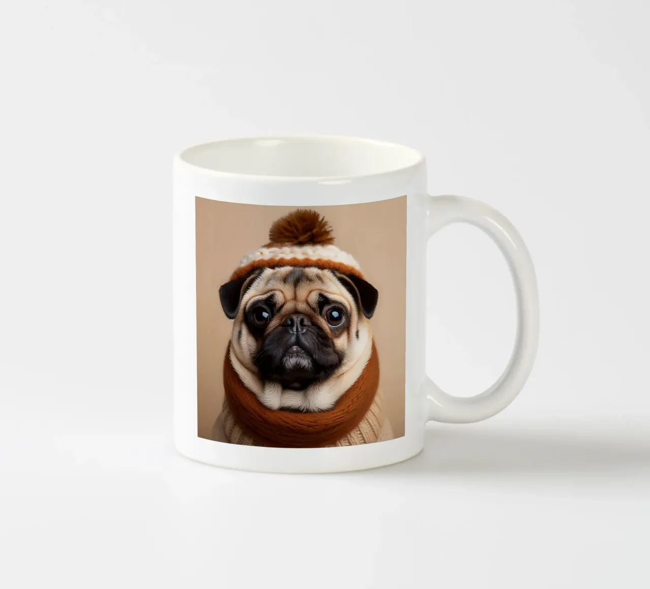 Accogliente carlino con sciarpa e berretto invernale | Adorabile ritratto di cane tazza in ceramica da FlexiDesignsByK