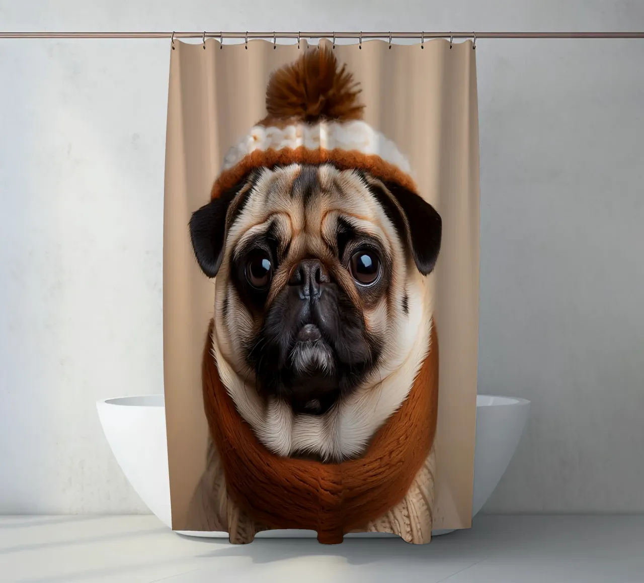 Accogliente carlino con sciarpa e berretto invernale | Adorabile ritratto di cane tenda da doccia da FlexiDesignsByK