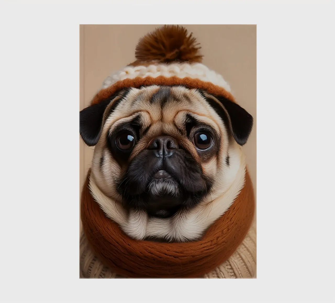 Accogliente carlino con sciarpa e berretto invernale | Adorabile ritratto di cane diario da FlexiDesignsByK