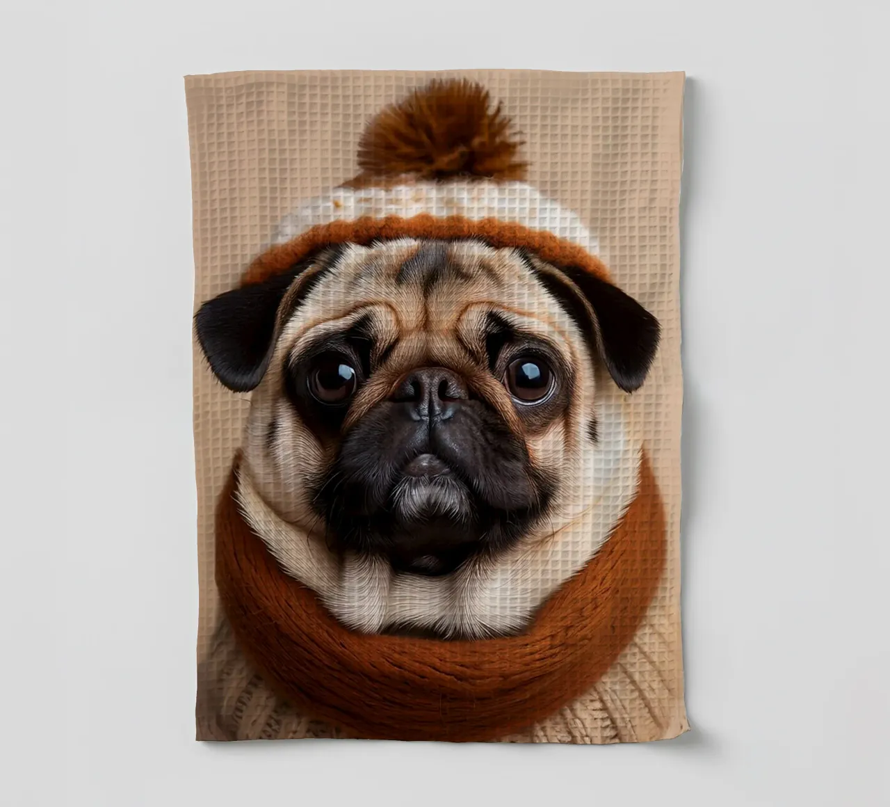 Accogliente carlino con sciarpa e berretto invernale | Adorabile ritratto di cane canovaccio da cucina da FlexiDesignsByK