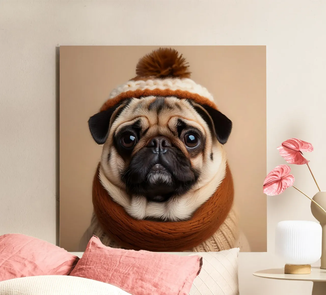 Accogliente carlino con sciarpa e berretto invernale | Adorabile ritratto di cane alluminio dibond da FlexiDesignsByK