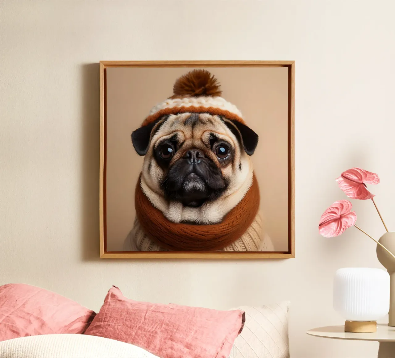 Accogliente carlino con sciarpa e berretto invernale | Adorabile ritratto di cane tela con Cornice a cassetta da FlexiDesignsByK