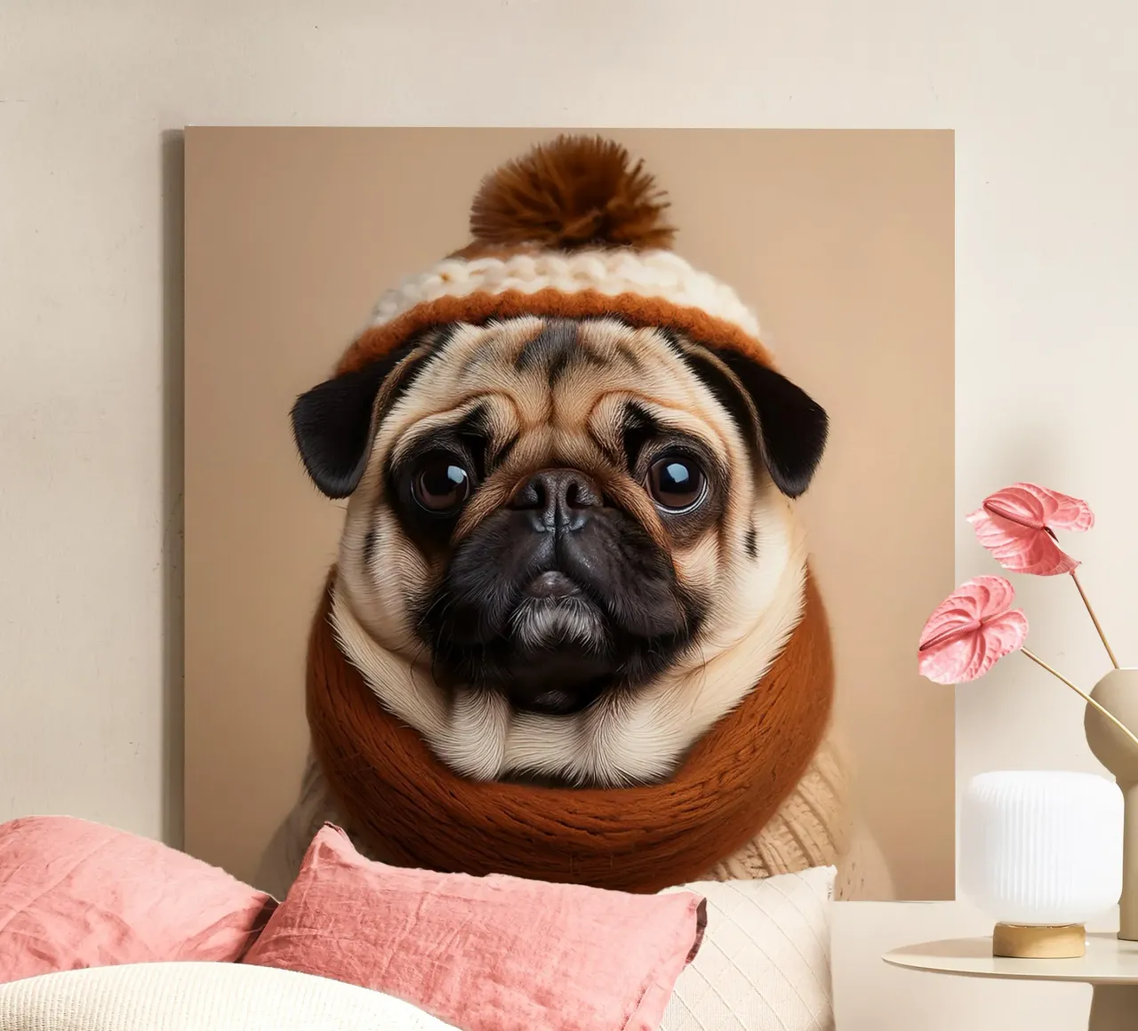 Accogliente carlino con sciarpa e berretto invernale | Adorabile ritratto di cane tela con Cornice a cassetta da FlexiDesignsByK