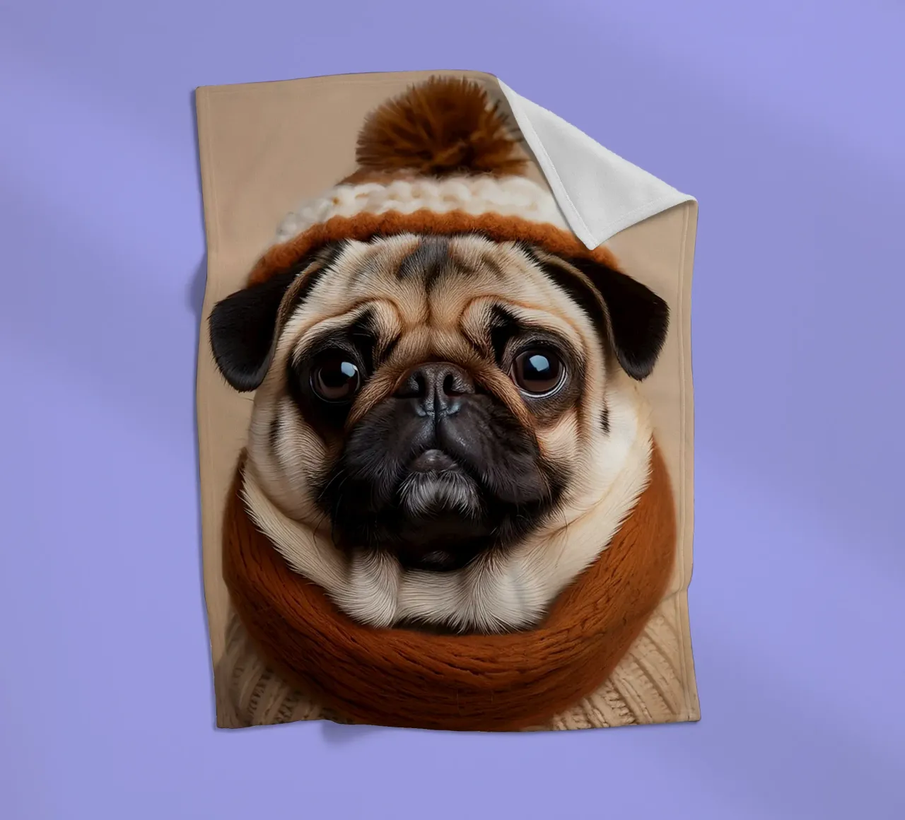 Accogliente carlino con sciarpa e berretto invernale | Adorabile ritratto di cane coperta in pile da FlexiDesignsByK