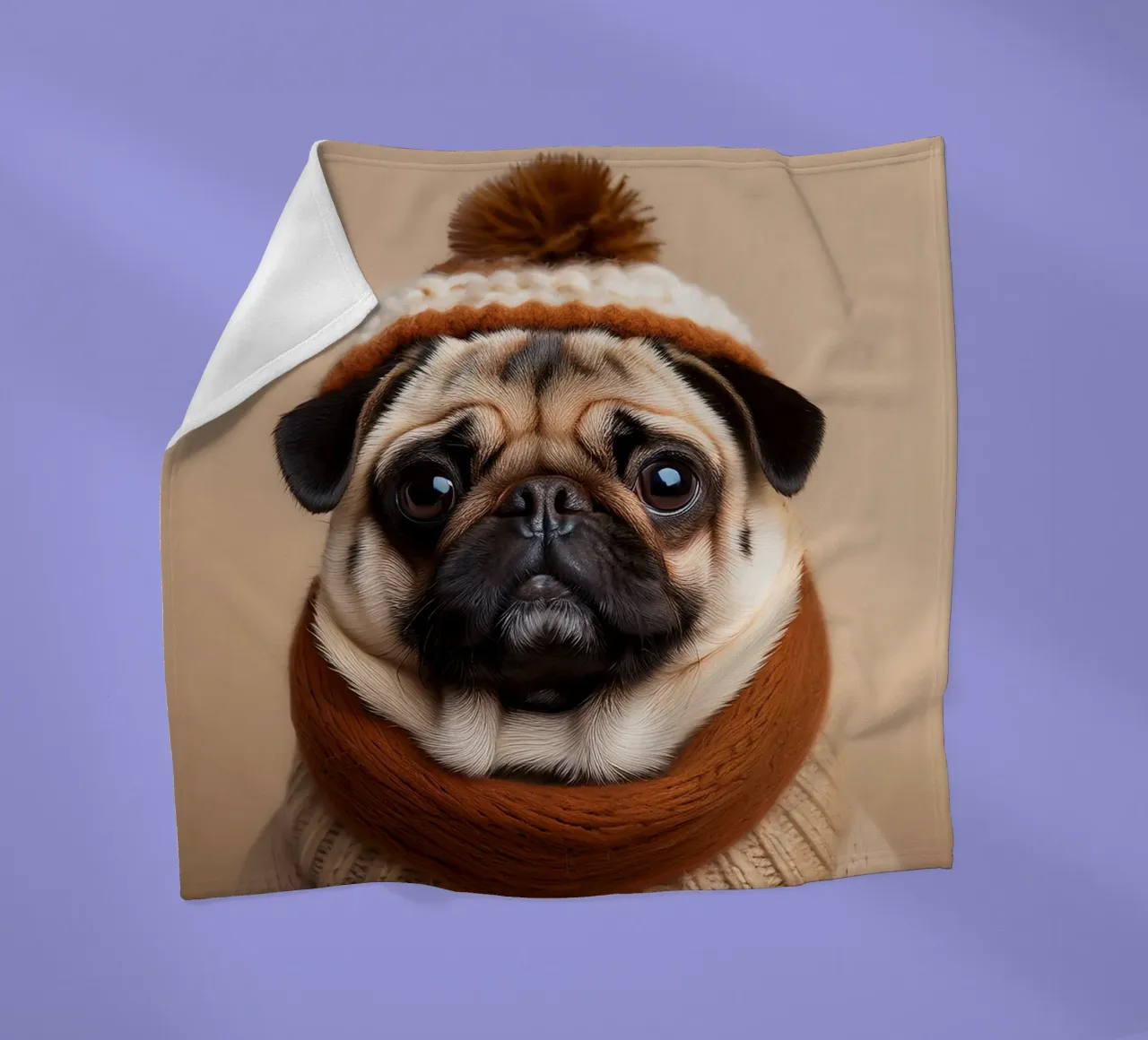 Accogliente carlino con sciarpa e berretto invernale | Adorabile ritratto di cane coperta in pile da FlexiDesignsByK