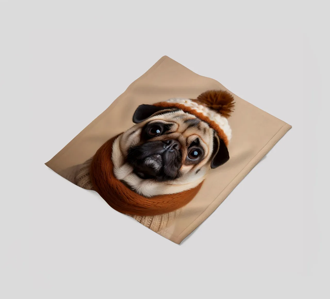 Accogliente carlino con sciarpa e berretto invernale | Adorabile ritratto di cane coperta in pile da FlexiDesignsByK