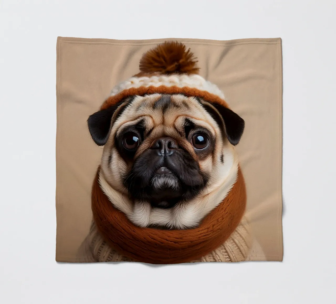 Accogliente carlino con sciarpa e berretto invernale | Adorabile ritratto di cane coperta in pile da FlexiDesignsByK
