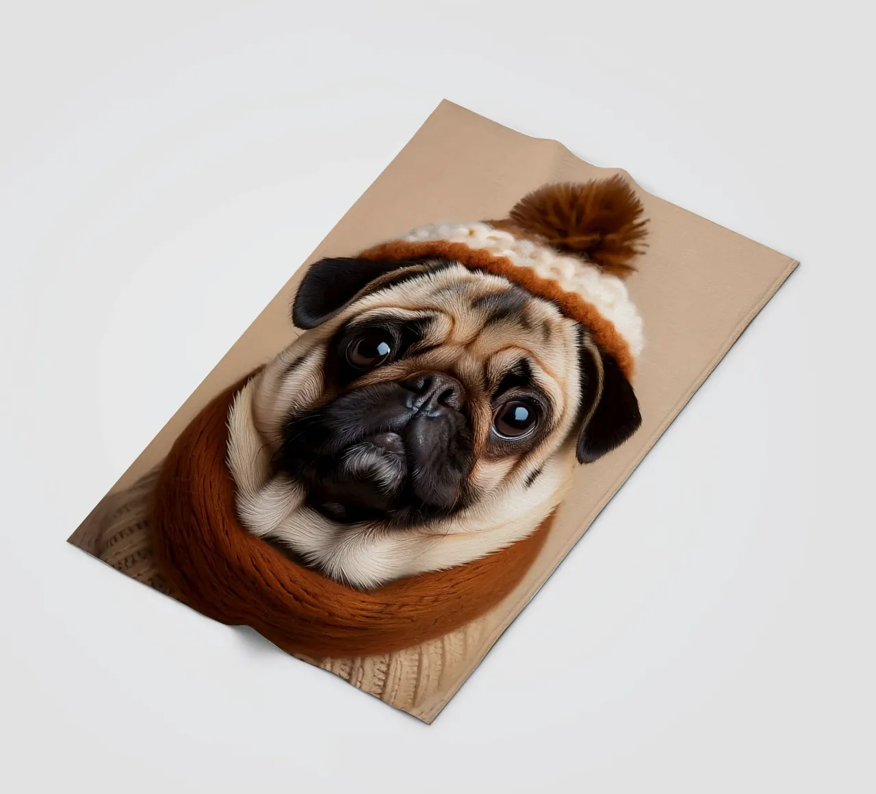 Accogliente carlino con sciarpa e berretto invernale | Adorabile ritratto di cane coperta in pile da FlexiDesignsByK