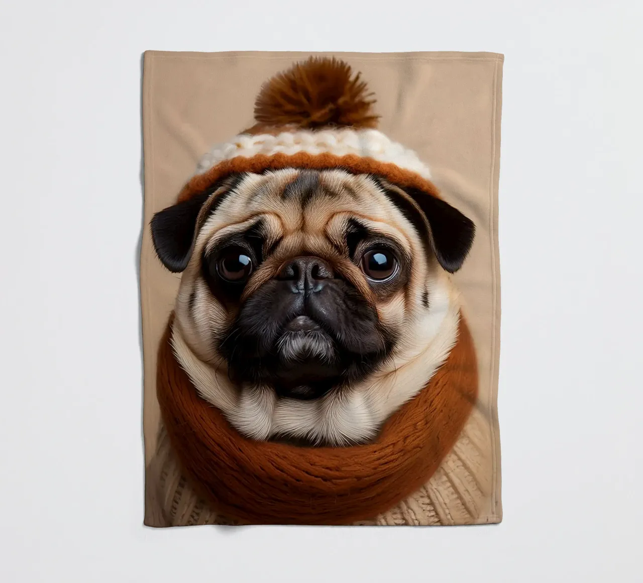 Accogliente carlino con sciarpa e berretto invernale | Adorabile ritratto di cane coperta in pile da FlexiDesignsByK