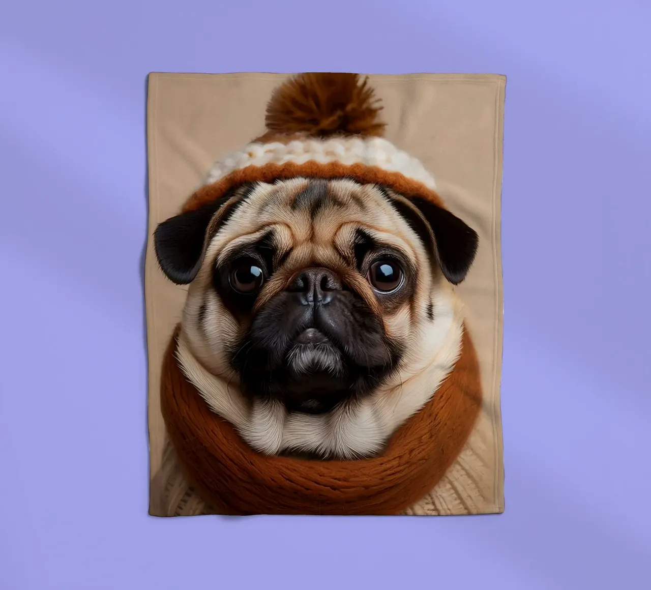 Accogliente carlino con sciarpa e berretto invernale | Adorabile ritratto di cane coperta in pile da FlexiDesignsByK