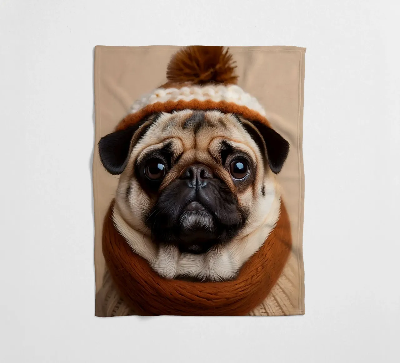 Accogliente carlino con sciarpa e berretto invernale | Adorabile ritratto di cane coperta in pile da FlexiDesignsByK