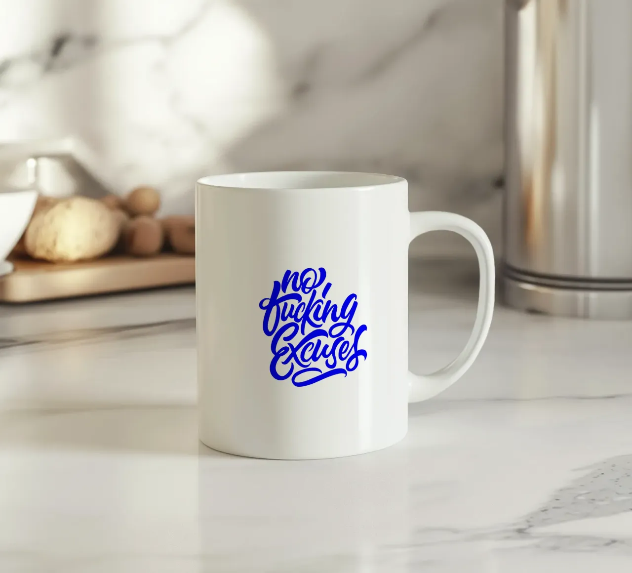 no excuses, motivational statement quote ceramic mug by The True Type