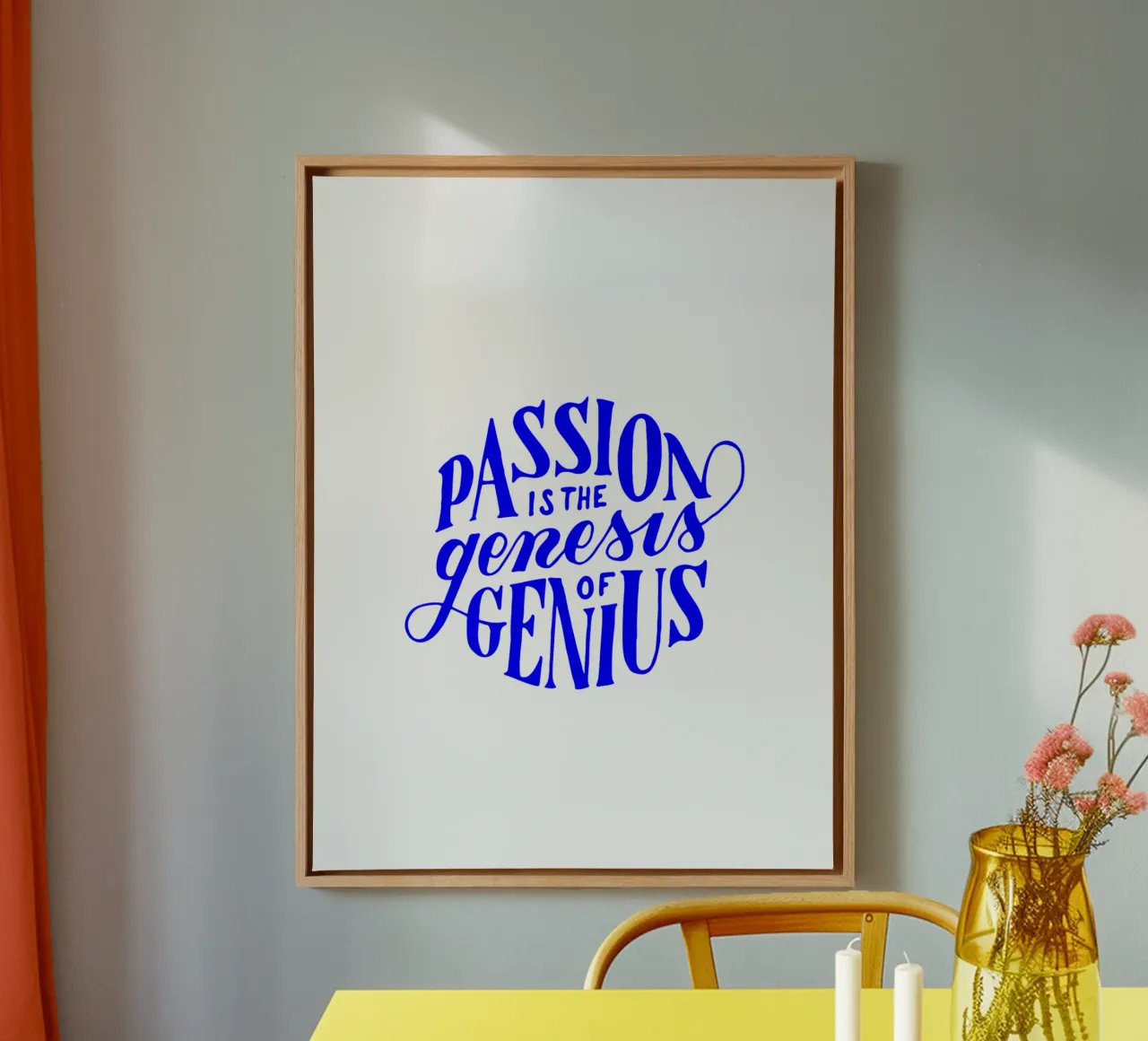 passion is the genesis of genius, motivational statement canvas with Floater frame by The True Type