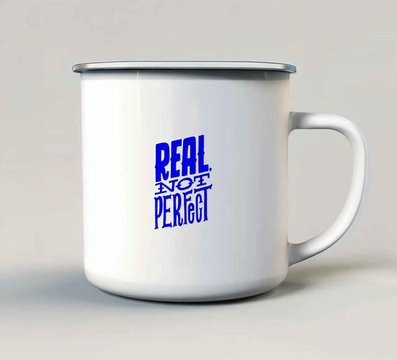 real nicht perfekt, nimm dir Zeit, motivierende Aussage quo Emaille Tasse von The True Type