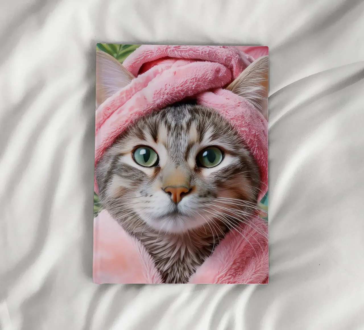 Relaxing Cat in Pink Robe and Towel Spa-Themed Cat Portrait notebook by FlexiDesignsByK