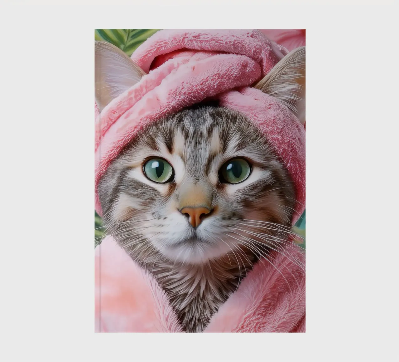 Relaxing Cat in Pink Robe and Towel Spa-Themed Cat Portrait notebook by FlexiDesignsByK