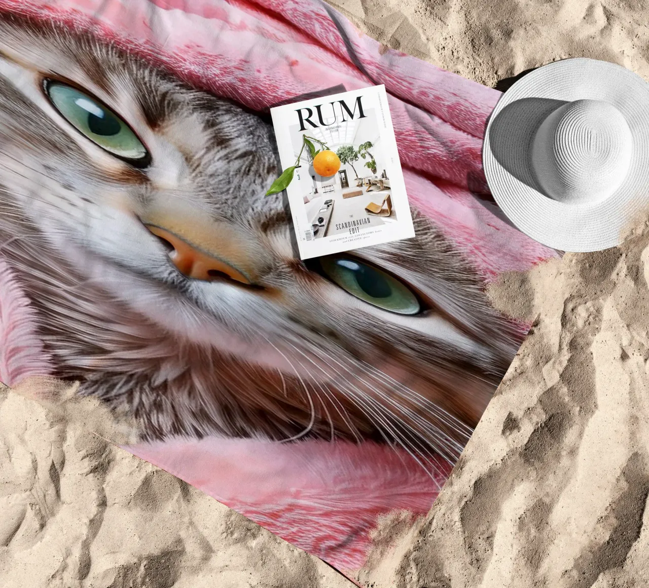 Relaxing Cat in Pink Robe and Towel Spa-Themed Cat Portrait beach towel by FlexiDesignsByK