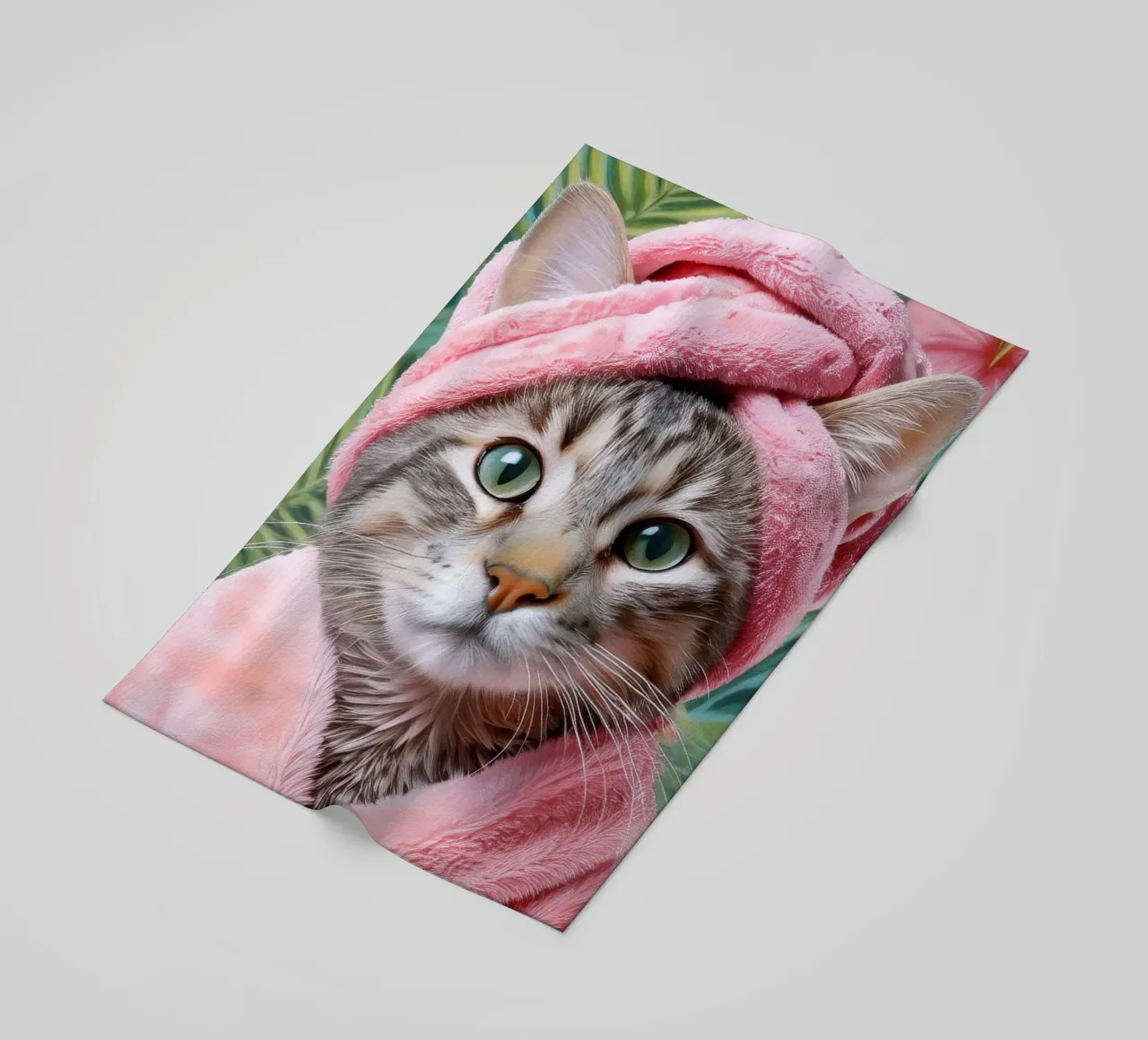 Relaxing Cat in Pink Robe and Towel Spa-Themed Cat Portrait beach towel by FlexiDesignsByK