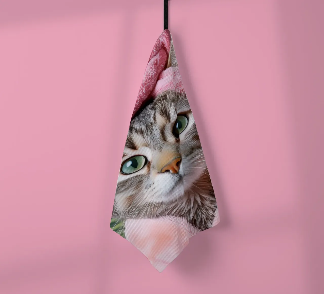 Gatto rilassante con accappatoio e asciugamano rosa Ritratto di gatto a tema spa canovaccio da cucina da FlexiDesignsByK