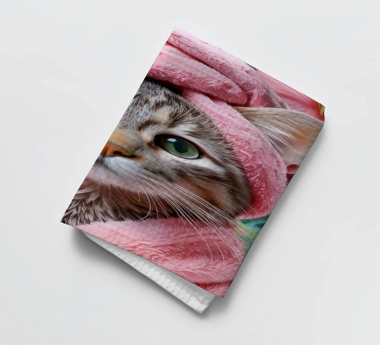Gatto rilassante con accappatoio e asciugamano rosa Ritratto di gatto a tema spa canovaccio da cucina da FlexiDesignsByK
