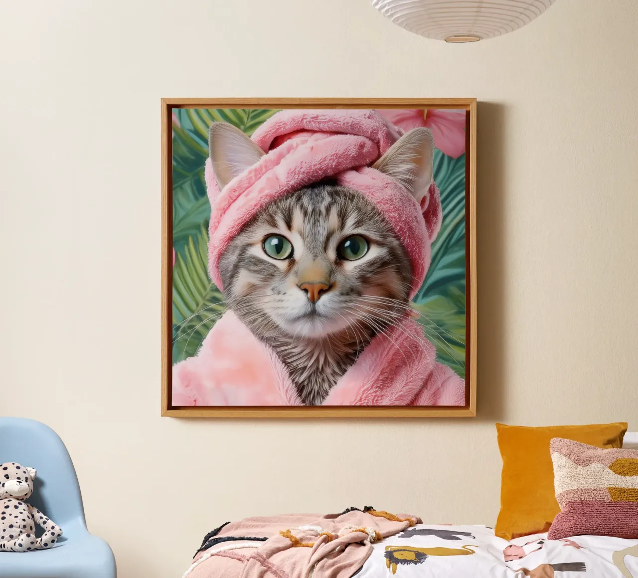 Relaxing Cat in Pink Robe and Towel Spa-Themed Cat Portrait canvas with Floater frame by FlexiDesignsByK