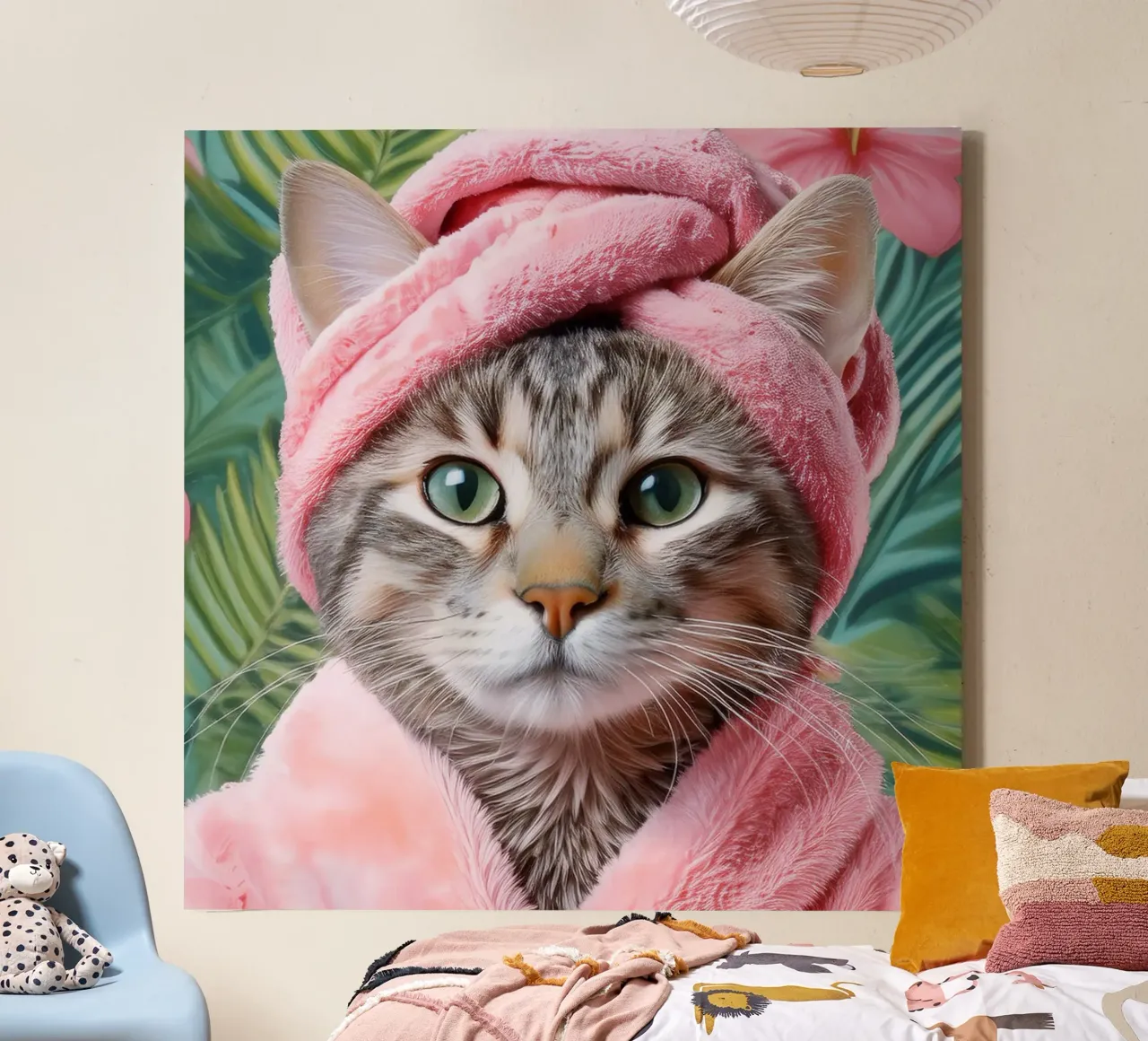 Relaxing Cat in Pink Robe and Towel Spa-Themed Cat Portrait canvas with Floater frame by FlexiDesignsByK