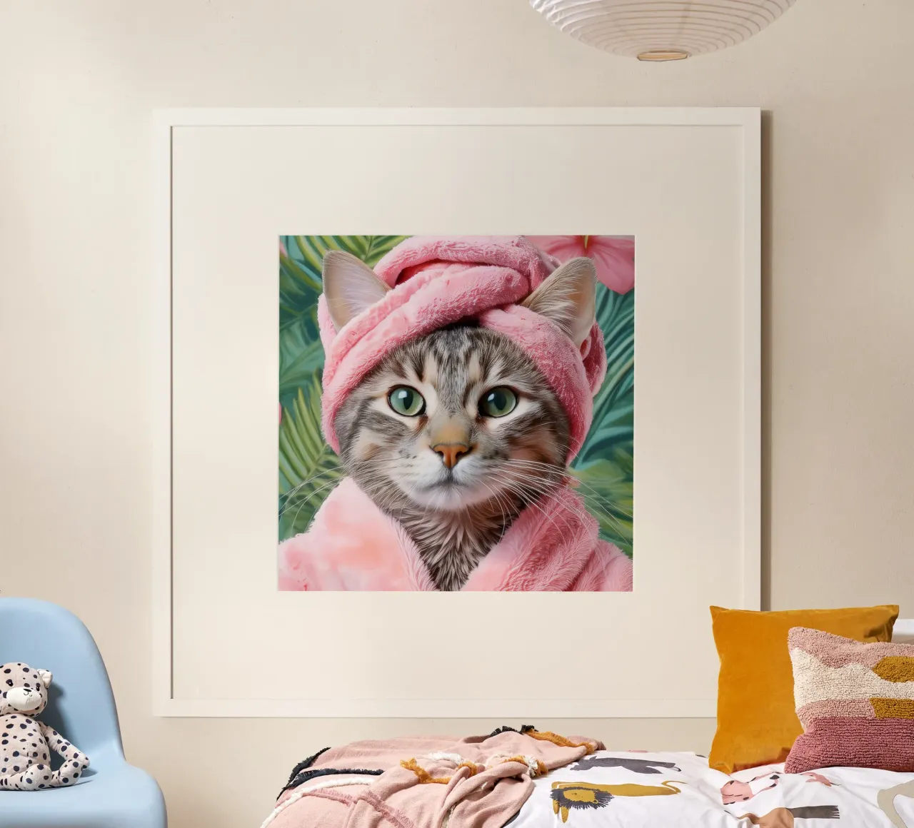 Gatto rilassante con accappatoio e asciugamano rosa Ritratto di gatto a tema spa poster da FlexiDesignsByK