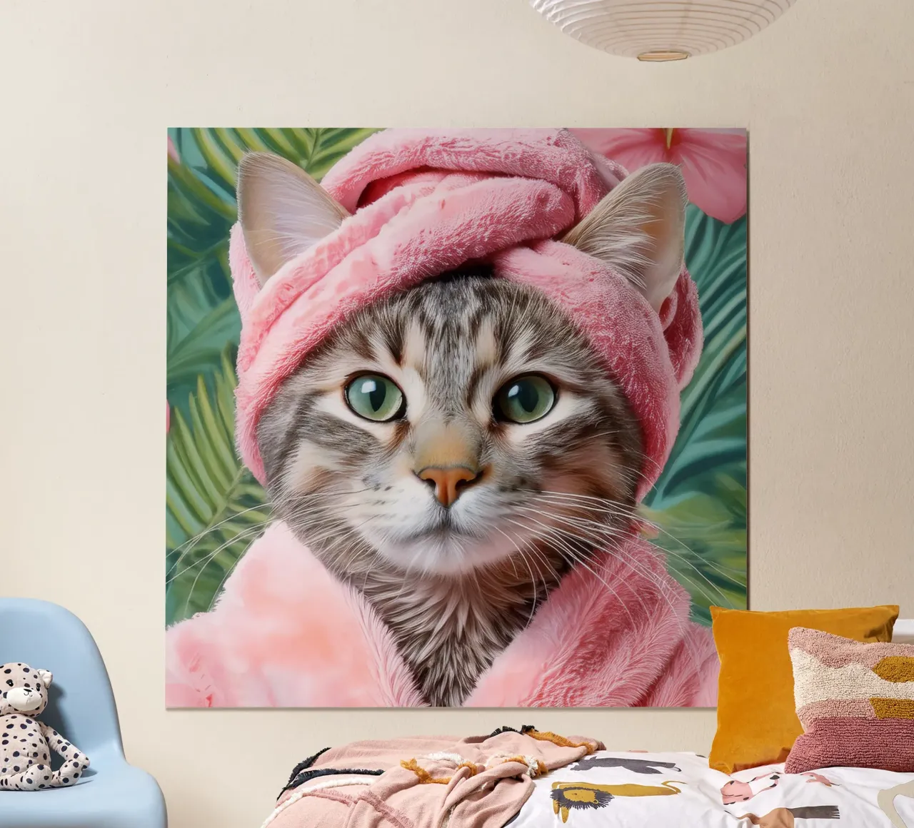 Gatto rilassante con accappatoio e asciugamano rosa Ritratto di gatto a tema spa poster da FlexiDesignsByK