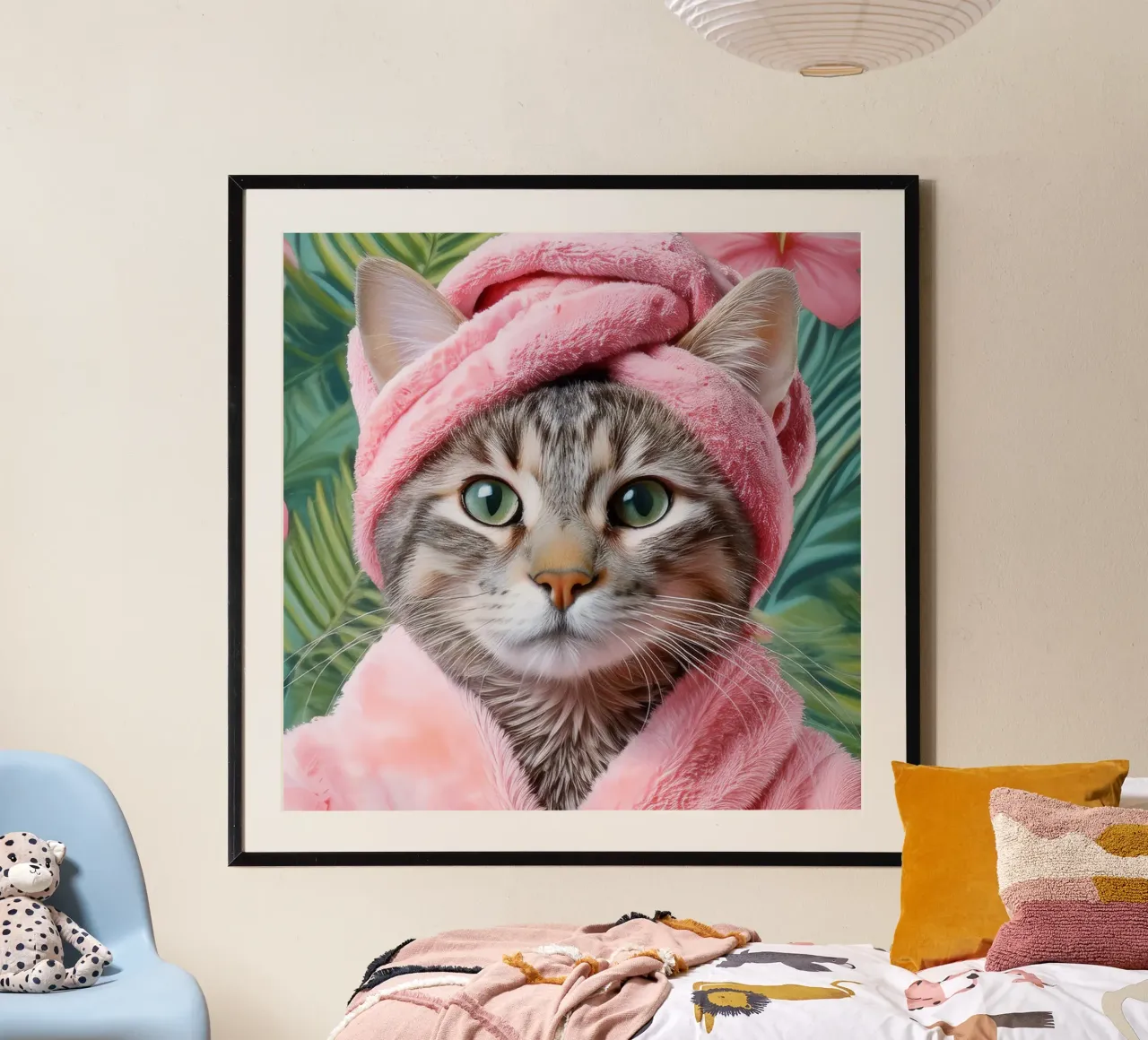 Gatto rilassante con accappatoio e asciugamano rosa Ritratto di gatto a tema spa poster da FlexiDesignsByK