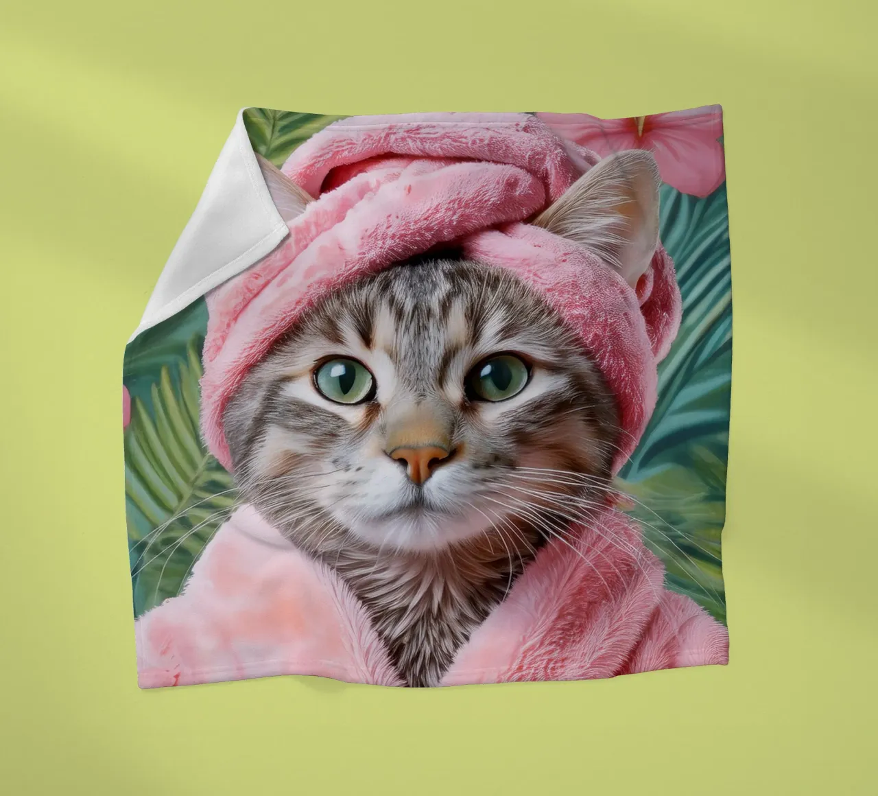 Relaxing Cat in Pink Robe and Towel Spa-Themed Cat Portrait fleece blanket by FlexiDesignsByK