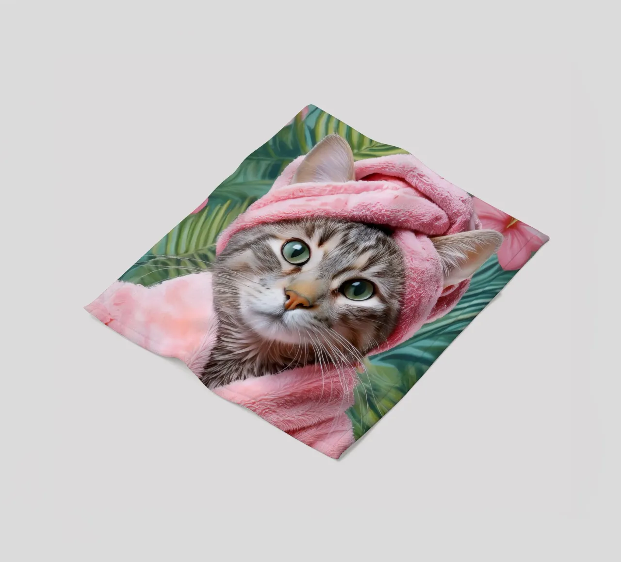 Relaxing Cat in Pink Robe and Towel Spa-Themed Cat Portrait fleece blanket by FlexiDesignsByK