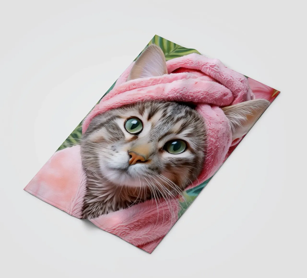 Relaxing Cat in Pink Robe and Towel Spa-Themed Cat Portrait fleece blanket by FlexiDesignsByK