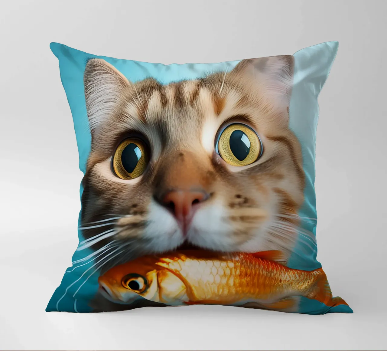 Grappige kat met goudvis | Speels en eigenzinnig portret kussen van FlexiDesignsByK