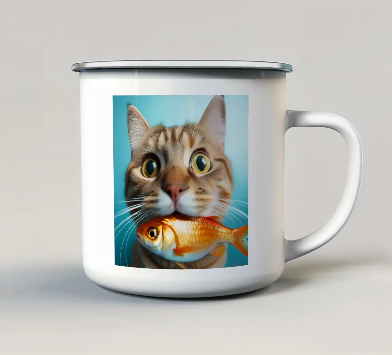 Gatto divertente che tiene in mano un pesce rosso | Ritratto giocoso e stravagante tazza in smalto da FlexiDesignsByK
