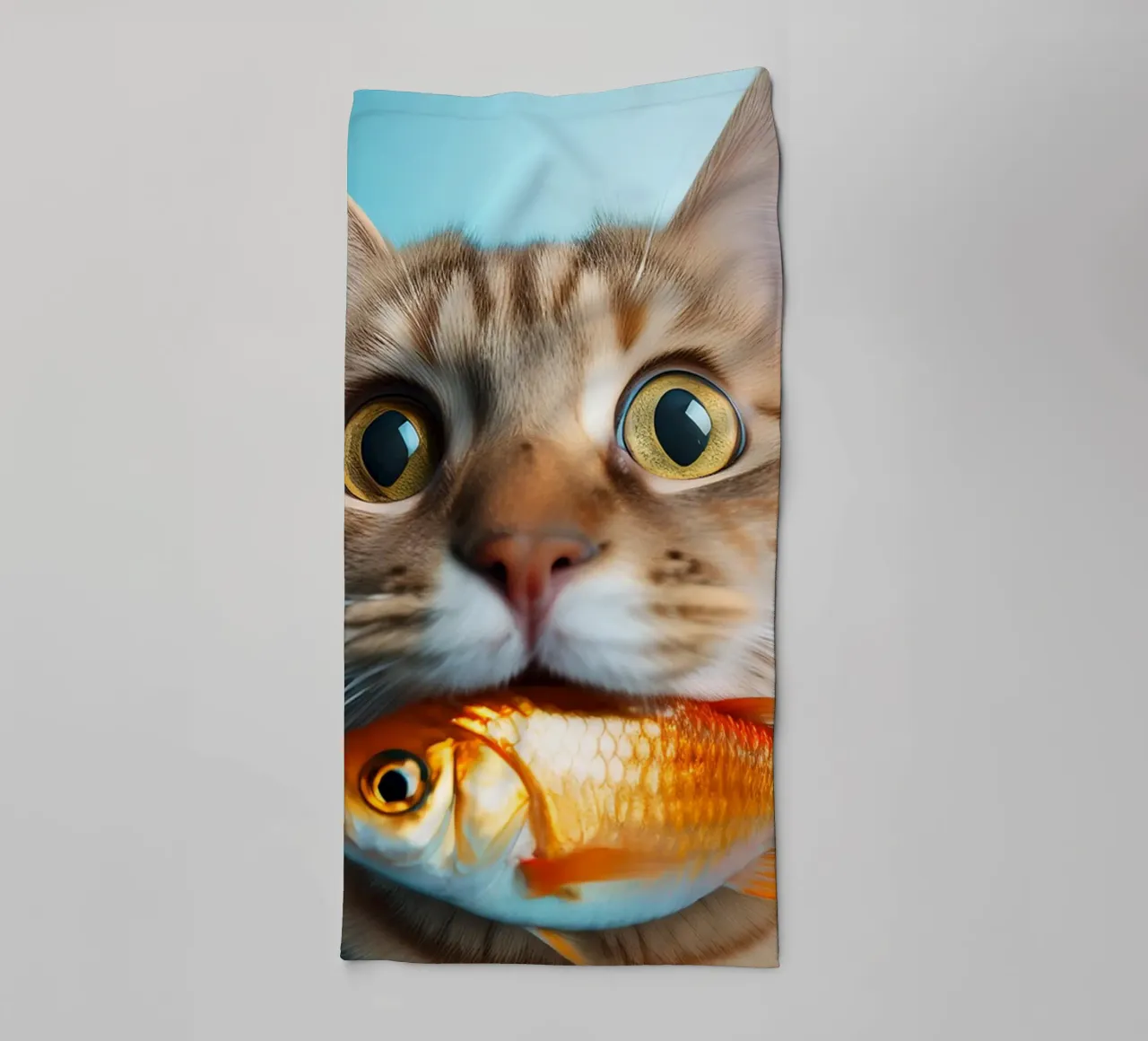 Chat amusant tenant un poisson rouge | Portrait ludique et décalé serviette de bain de FlexiDesignsByK