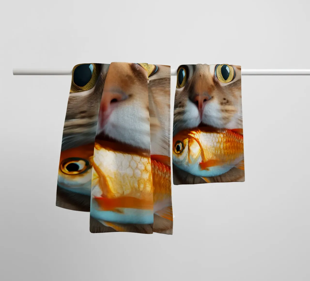 Chat amusant tenant un poisson rouge | Portrait ludique et décalé serviette de bain de FlexiDesignsByK