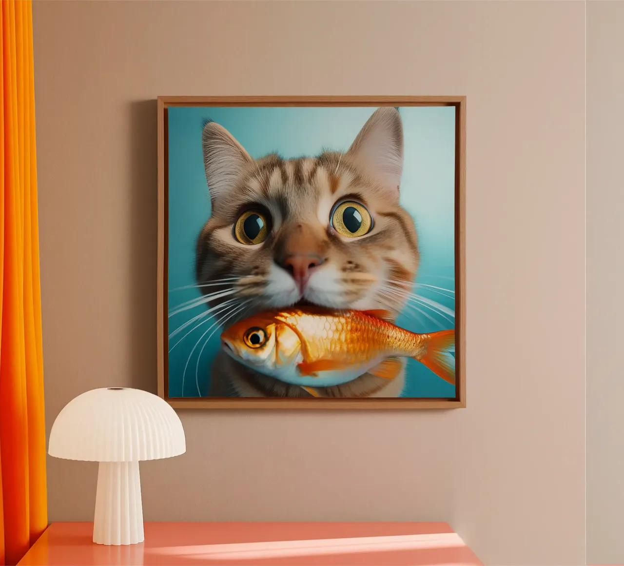 Funny Cat Holding a Goldfish | Playful and Quirky Portrait canvas with Floater frame by FlexiDesignsByK