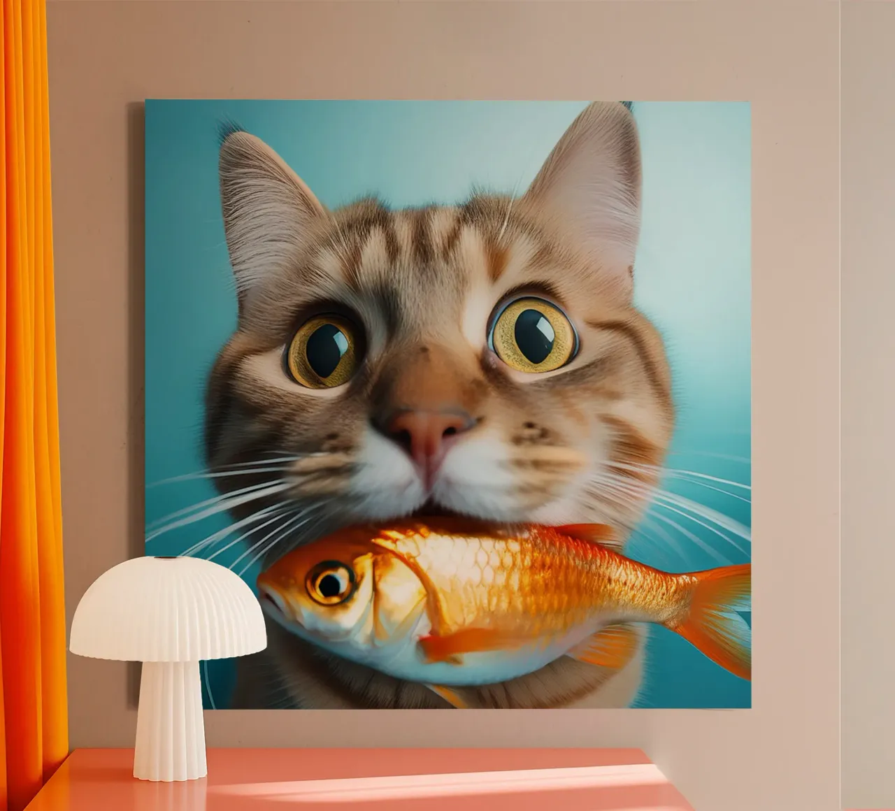 Funny Cat Holding a Goldfish | Playful and Quirky Portrait canvas with Floater frame by FlexiDesignsByK