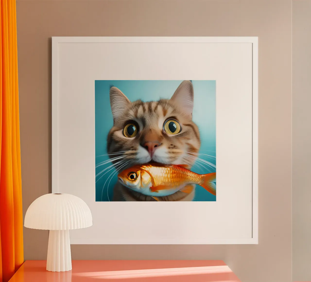 Funny Cat Holding a Goldfish | Playful and Quirky Portrait poster with plastic frame by FlexiDesignsByK