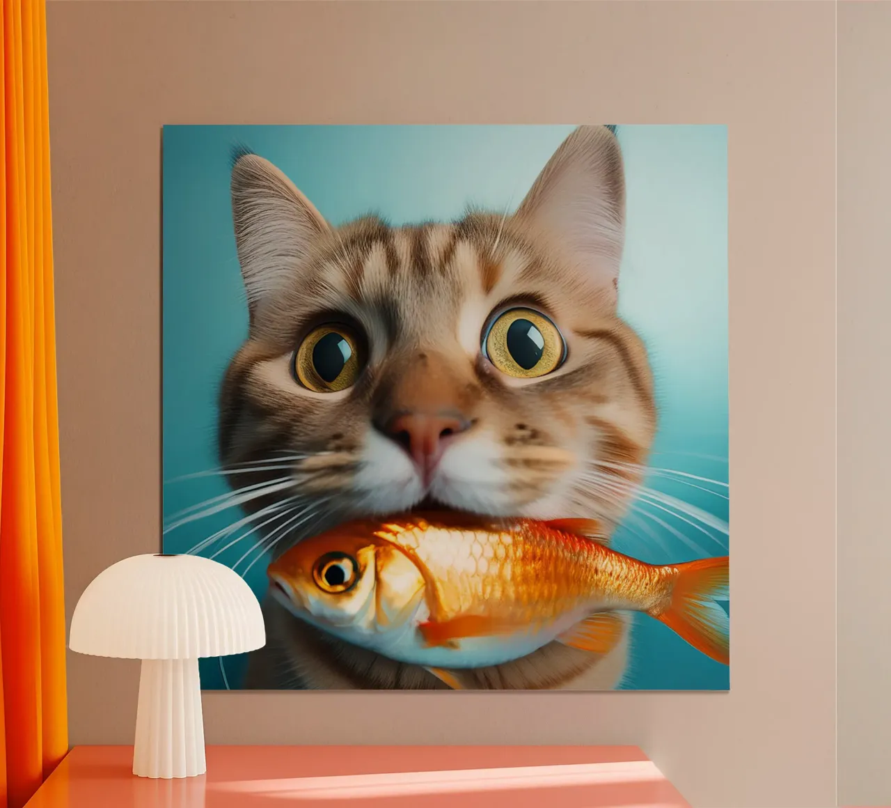 Funny Cat Holding a Goldfish | Playful and Quirky Portrait poster with plastic frame by FlexiDesignsByK