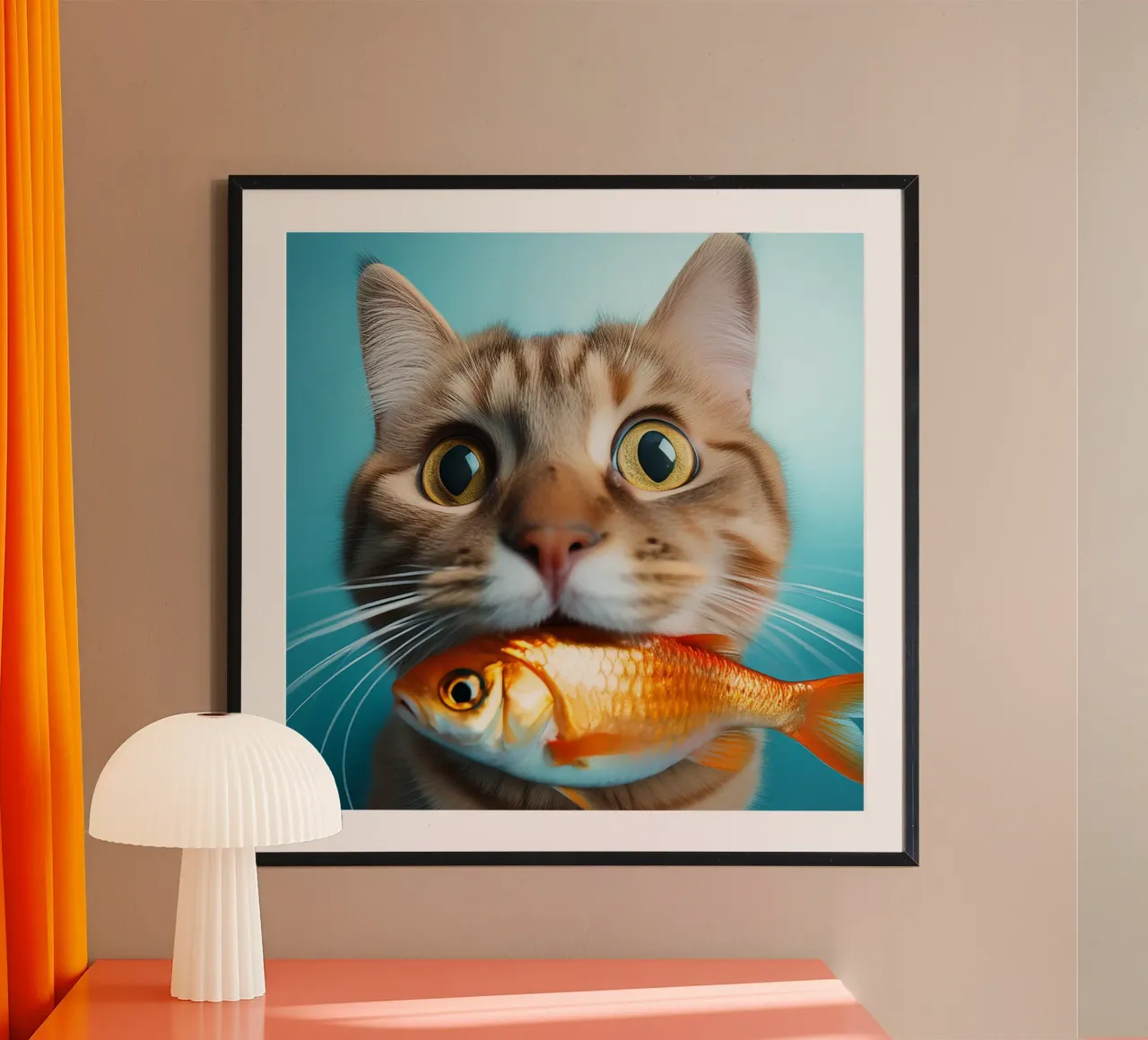 Funny Cat Holding a Goldfish | Playful and Quirky Portrait poster with plastic frame by FlexiDesignsByK