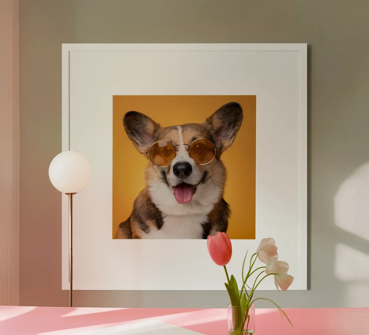 Corgi cool con gli occhiali da sole | Ritratto di cane elegante e adorabile poster con telaio in plastica da FlexiDesignsByK