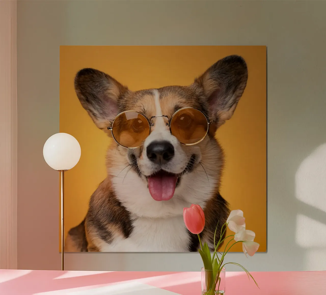 Corgi cool con gli occhiali da sole | Ritratto di cane elegante e adorabile poster con telaio in plastica da FlexiDesignsByK