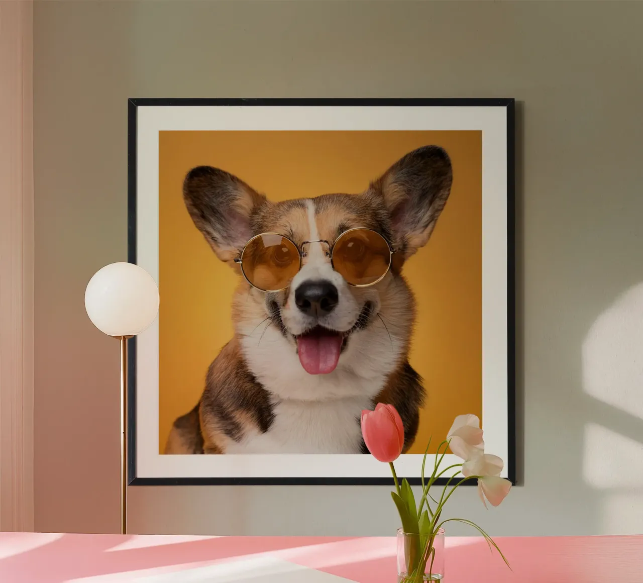 Corgi cool con gli occhiali da sole | Ritratto di cane elegante e adorabile poster con telaio in plastica da FlexiDesignsByK